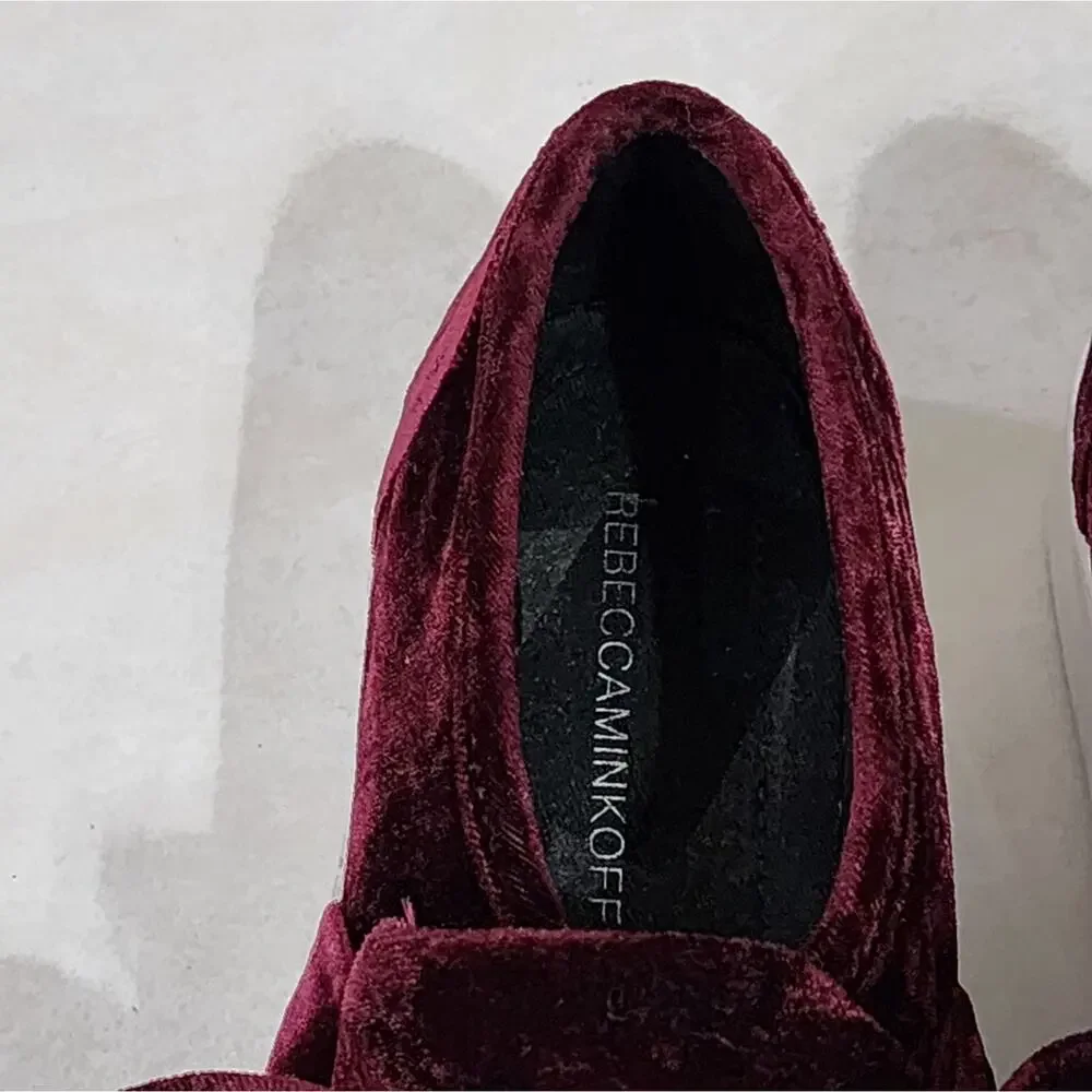 Rebecca Minkoff Burgundy Velvet Rhinestone Bow Platform Slip On Sneakers‎ 7.5